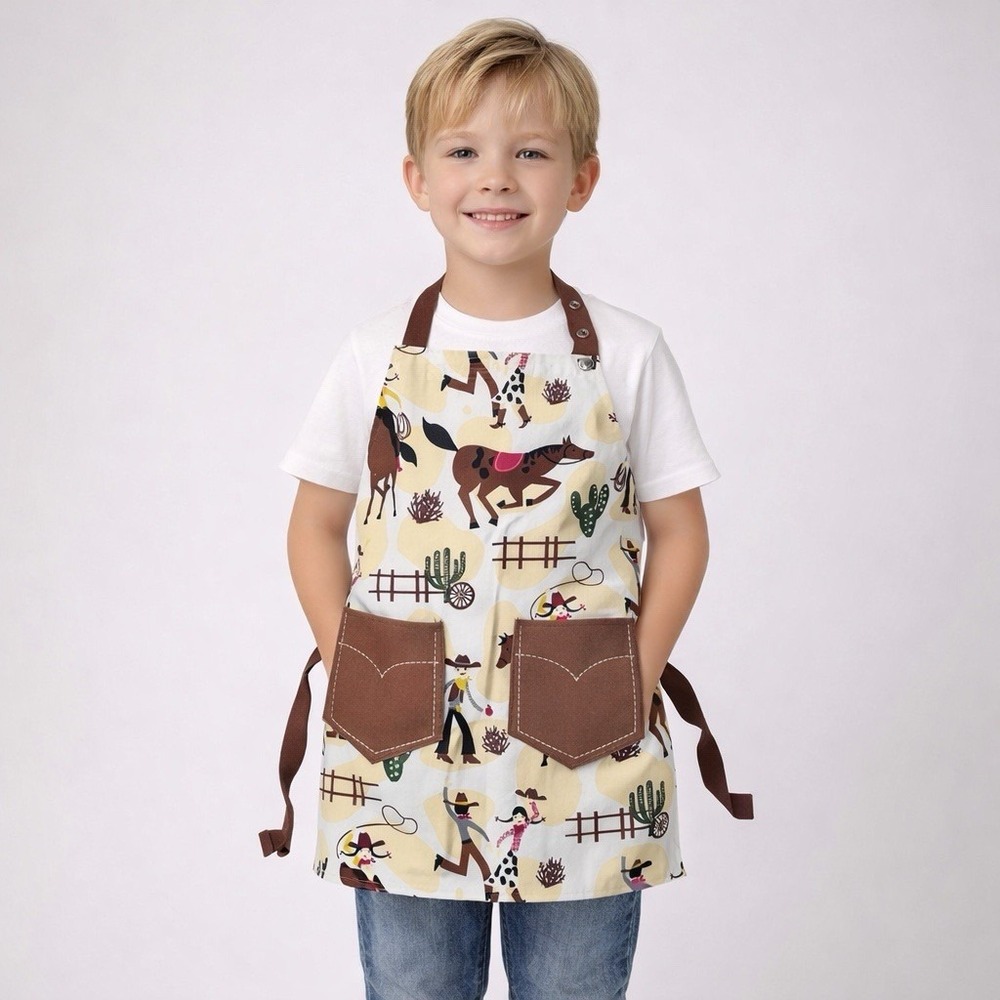 Now Designs Child Western Cowboy Apron Brown Pockets Rodeo Kitchen Craft